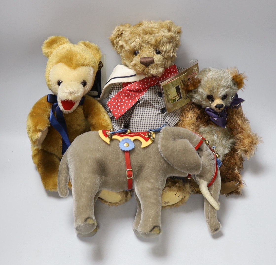 A Steiff elephant, a limited edition Merrythought 'Do Fings' with certificate and Rosalie Heichman bear Merrythought Panda limited edition